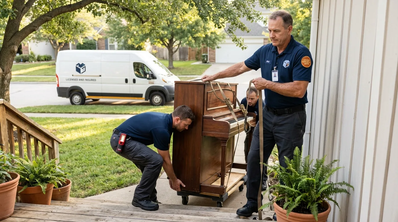 Licensed piano movers securing grand piano in Hamburg, NJ