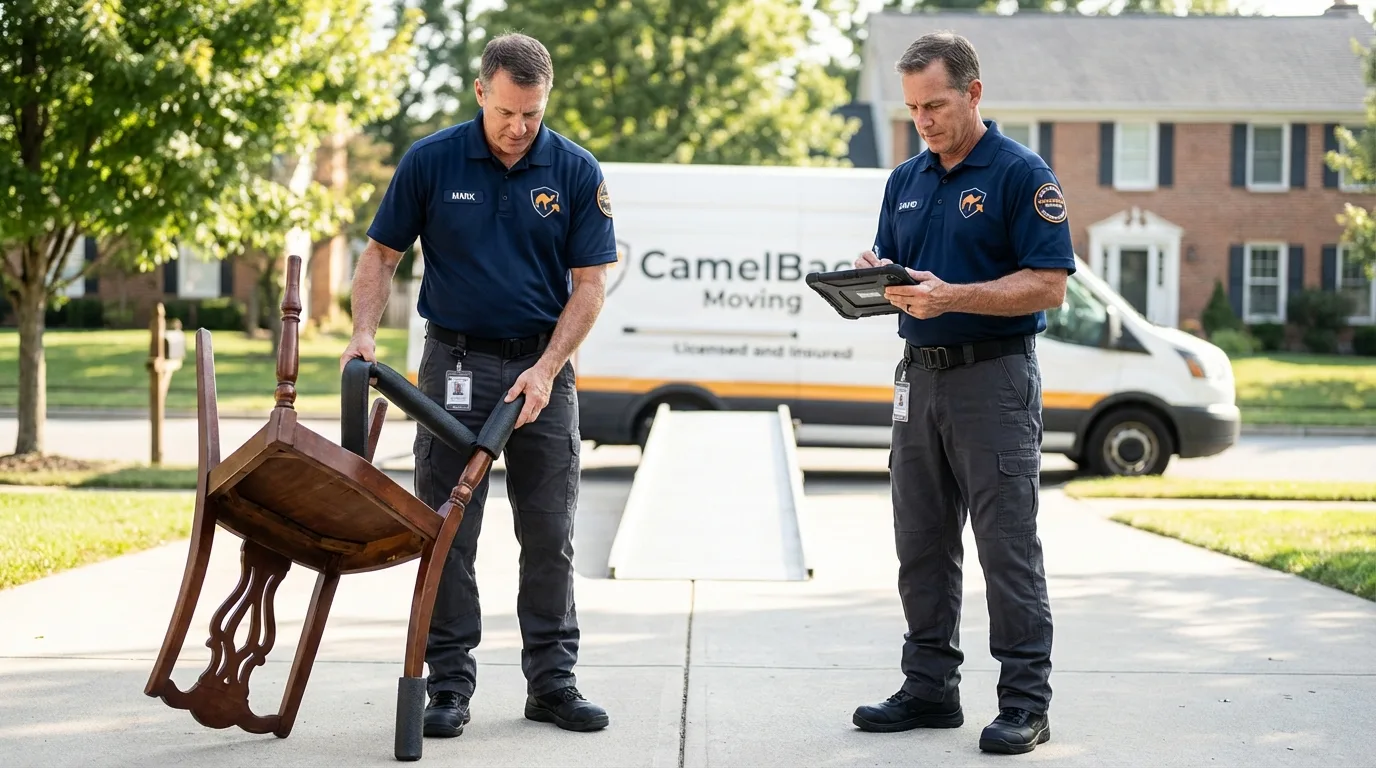 Movers inspecting furniture for damage prevention before loading in Hamburg, NJ