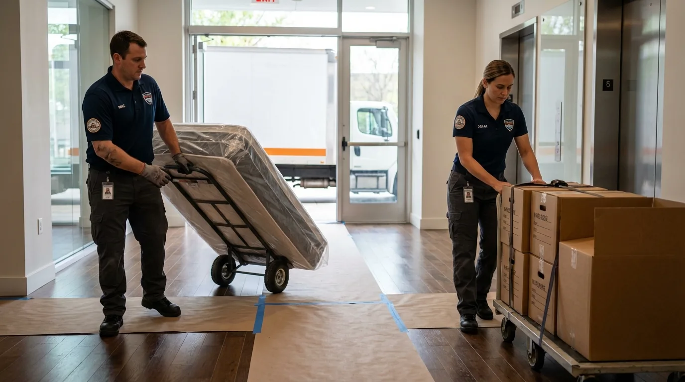 Professional apartment movers loading elevator in Hamburg, NJ